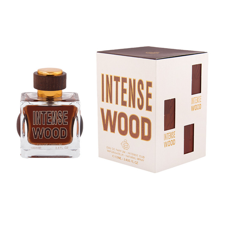 جعبه و بطری ادوپرفیوم مردانه فراگرنس ورد Intense Wood، ادکلن وود با رایحه چوبی و گرم، حجم ۱۰۰ میلیلیتر