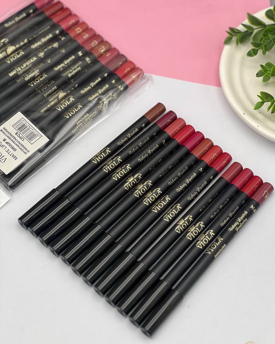 بسته ۱۲ عددی رژ لب مدادی مات ویولا MATTE LIPSTICK، رنگ پوکه مشکی ، سری رنگبندی A و B، فروشگاه کیوت گرام